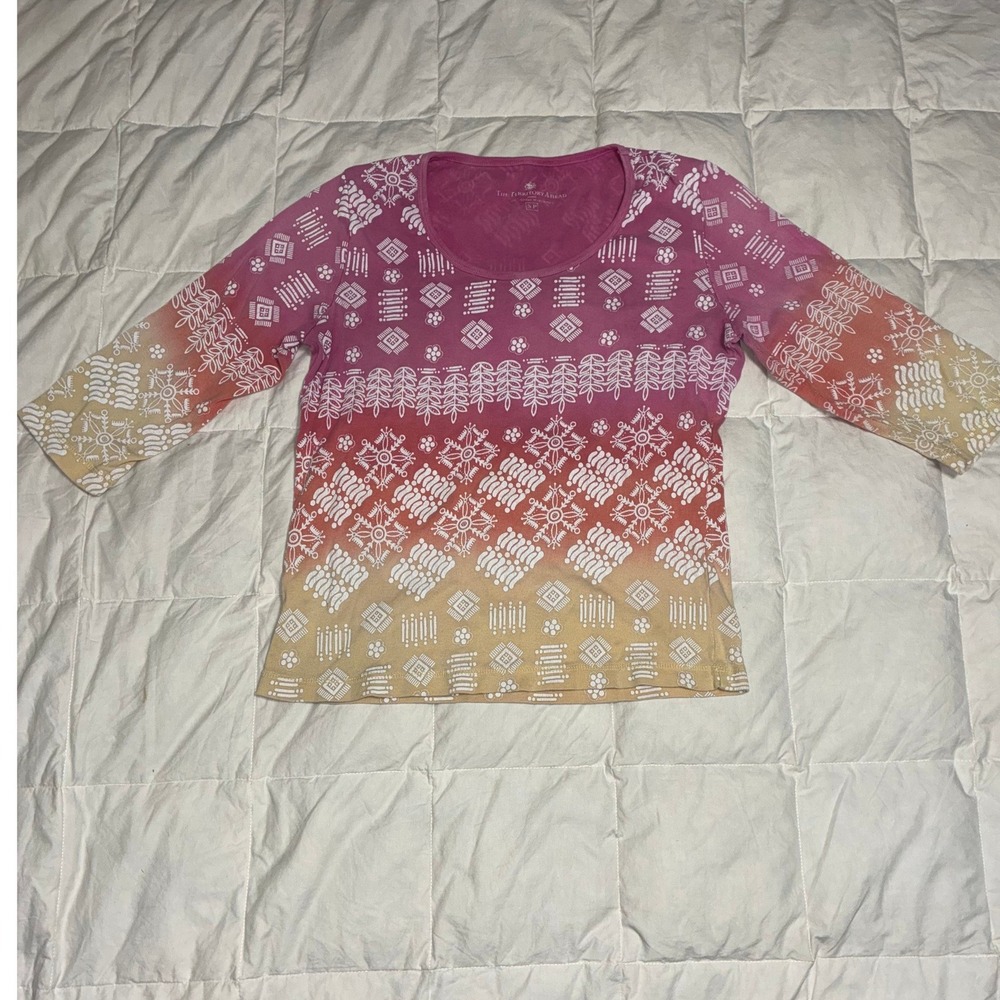 The Territory Ahead Womens Pink Ombre Geometric Print 3/4 Sleeve Cotton Top SP